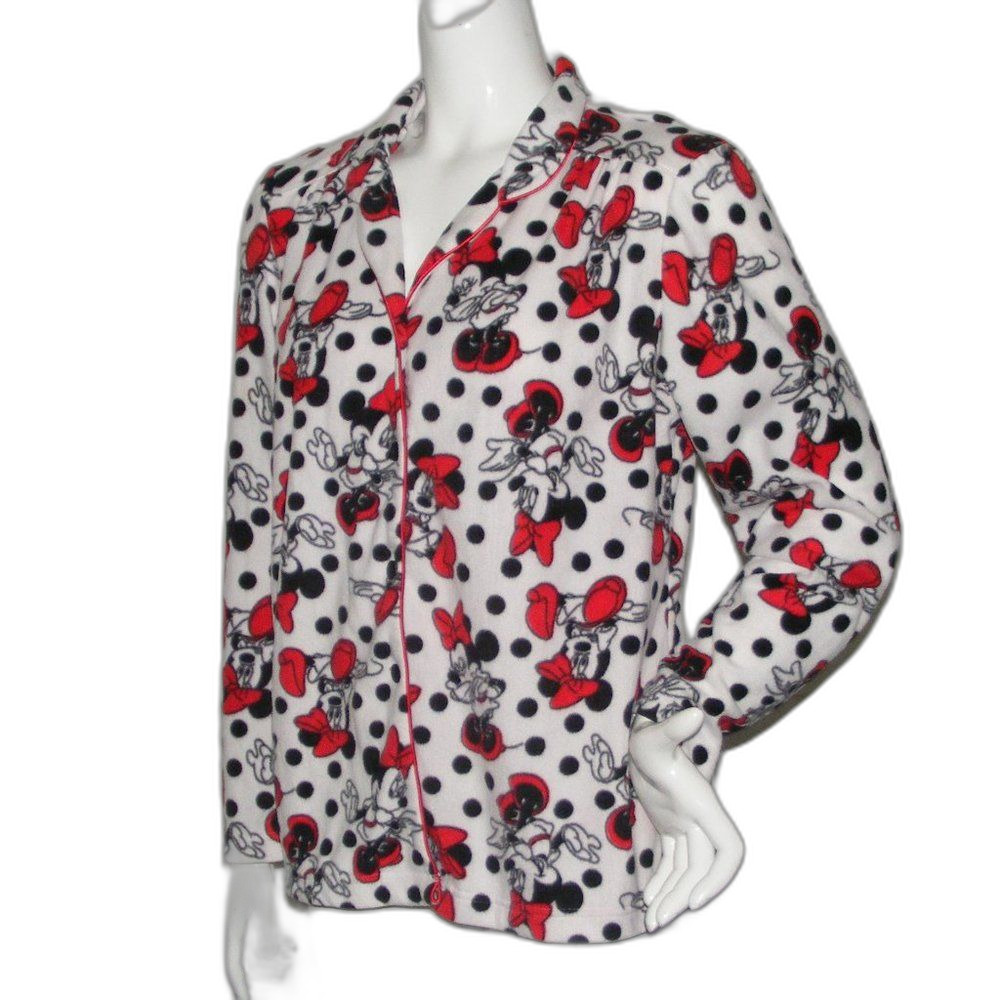 DISNEY Minnie Mouse Pajama Top, L, White Polka Dots, Minnie all over, Buttons LS - Picture 4 of 11